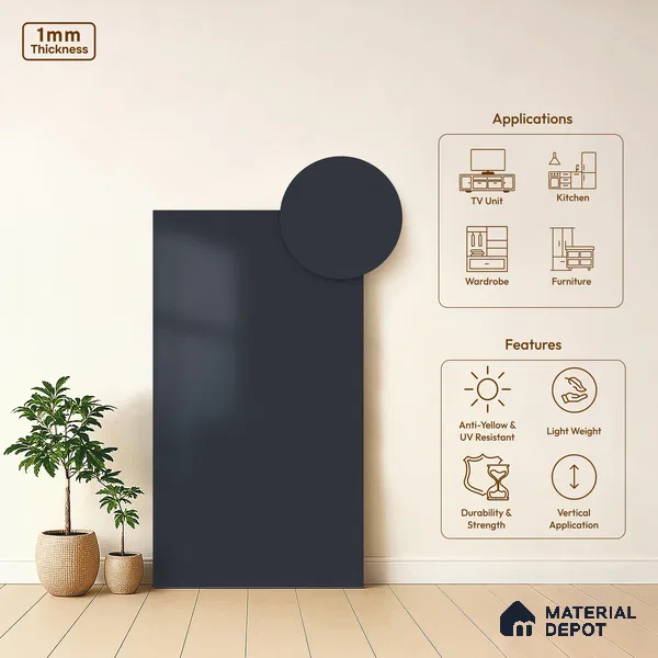 Midnight Blue Solid Colors Look WU 948 8 ft x 4 ft PU Finish Decorative Laminate - 1 mm | Suitable for Living Room, Kitchen, Office