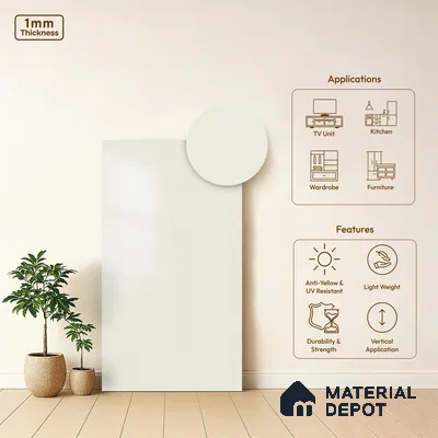 Off White Solid Colors Look WU 943 8 ft x 4 ft PU Finish Decorative Laminate - 1 mm | Suitable for Living Room, Kitchen, Office