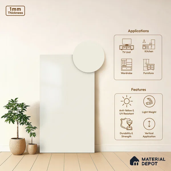 Off White Solid Colors Look WU 943 8 ft x 4 ft PU Finish Decorative Laminate - 1 mm | Suitable for Living Room, Kitchen, Office