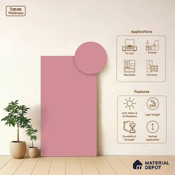 Rosewood Pink Solid Colors Look SMT 909 8 ft x 4 ft Super Matte Finish Decorative Laminate - 1 mm | Suitable for Living Room, Kitchen, Office