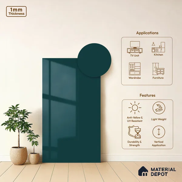 Turkish Blue Solid Colors Look HG 910 8 ft x 4 ft High Gloss Finish Decorative Laminate - 1 mm | Suitable for Living Room, Kitchen, Office