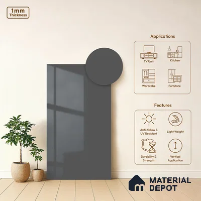 Storm Grey Solid Colors Look HG 907 8 ft x 4 ft High Gloss Finish Decorative Laminate - 1 mm | Suitable for Living Room, Kitchen, Office