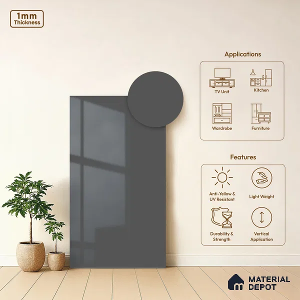 Storm Grey Solid Colors Look HG 907 8 ft x 4 ft High Gloss Finish Decorative Laminate - 1 mm | Suitable for Living Room, Kitchen, Office