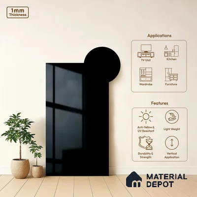 Black Solid Colors Look HG 953 8 ft x 4 ft High Gloss Finish Decorative Laminate - 1 mm | Suitable for Living Room, Kitchen, Office