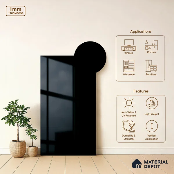 Black Solid Colors Look HG 953 8 ft x 4 ft High Gloss Finish Decorative Laminate - 1 mm | Suitable for Living Room, Kitchen, Office