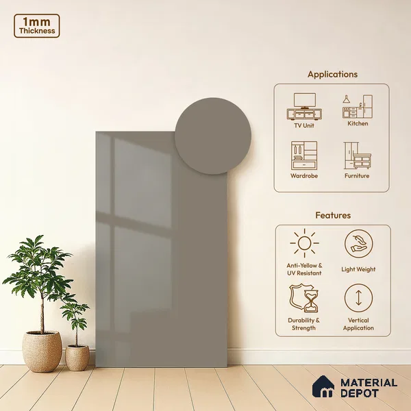 Chrome Grey Solid Colors Look HG 911 8 ft x 4 ft High Gloss Finish Decorative Laminate - 1 mm | Suitable for Living Room, Kitchen, Office