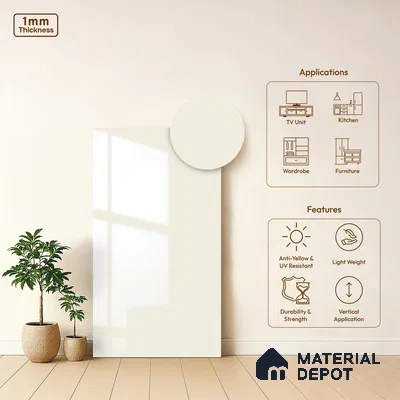Off White Solid Colors Look HG 943 8 ft x 4 ft High Gloss Finish Decorative Laminate - 1 mm | Suitable for Living Room, Kitchen, Office