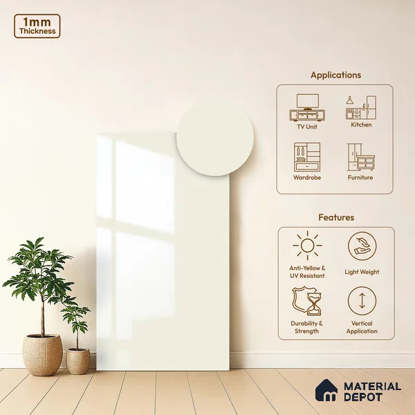 Off White Solid Colors Look HG 943 8 ft x 4 ft High Gloss Finish Decorative Laminate - 1 mm | Suitable for Living Room, Kitchen, Office