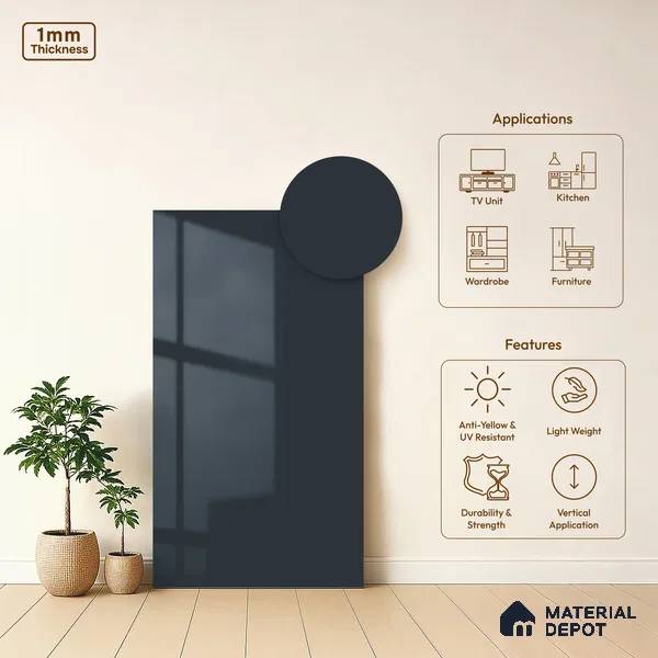 Midnight Blue Solid Colors Look HG 948 8 ft x 4 ft High Gloss Finish Decorative Laminate - 1 mm | Suitable for Living Room, Kitchen, Office