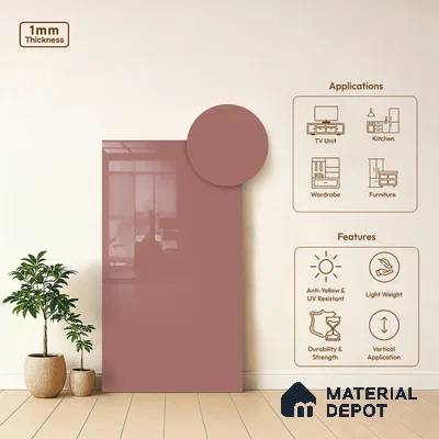 Rosewood Pink Solid Colors Look HG 909 8 ft x 4 ft High Gloss Finish Decorative Laminate - 1 mm | Suitable for Living Room, Kitchen, Office