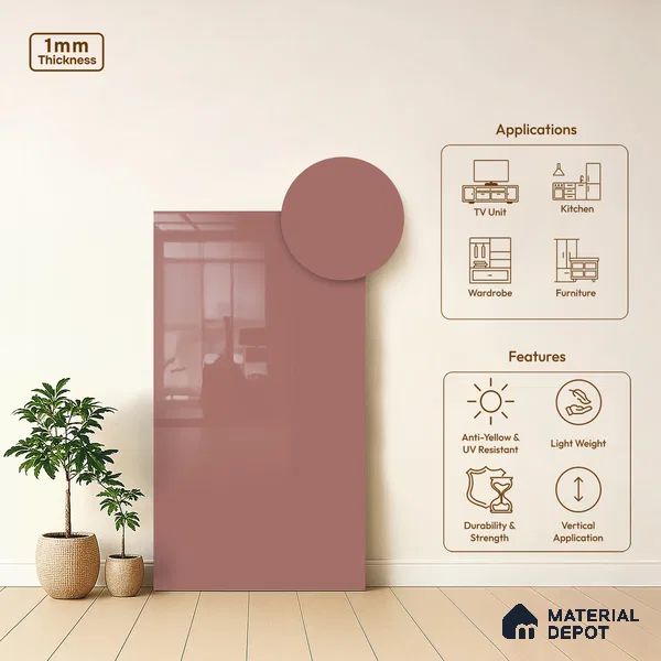 Rosewood Pink Solid Colors Look HG 909 8 ft x 4 ft High Gloss Finish Decorative Laminate - 1 mm | Suitable for Living Room, Kitchen, Office