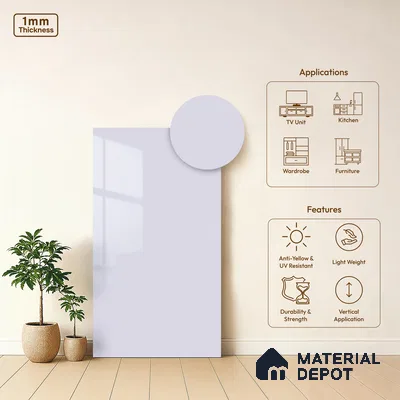 White Solid Colors Look HG 901 8 ft x 4 ft High Gloss Finish Decorative Laminate - 1 mm | Suitable for Living Room, Kitchen, Office