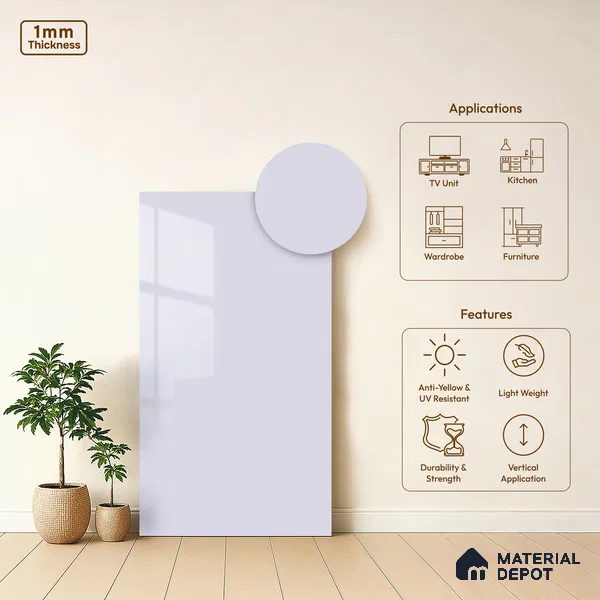 White Solid Colors Look HG 901 8 ft x 4 ft High Gloss Finish Decorative Laminate - 1 mm | Suitable for Living Room, Kitchen, Office