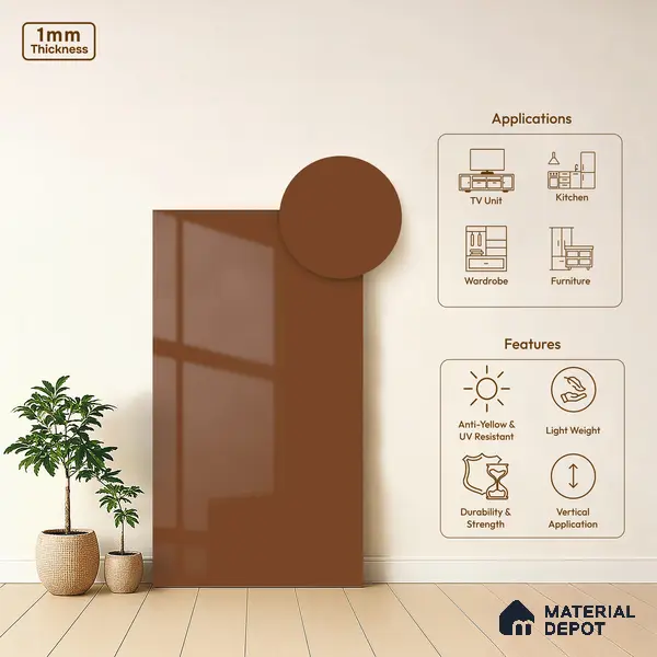 Ochre Brown Solid Colors Look HG 902 8 ft x 4 ft High Gloss Finish Decorative Laminate - 1 mm | Suitable for Living Room, Kitchen, Office