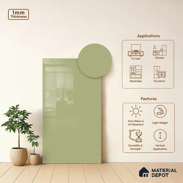 Pistachio Green Solid Colors Look HG 929 8 ft x 4 ft High Gloss Finish Decorative Laminate - 1 mm | Suitable for Living Room, Kitchen, Office
