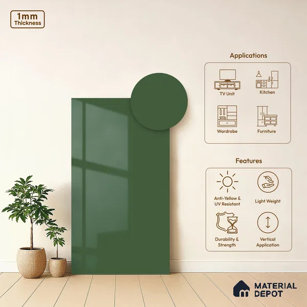 Parrot Green Solid Colors Look HG 949 8 ft x 4 ft High Gloss Finish Decorative Laminate - 1 mm | Suitable for Living Room, Kitchen, Office