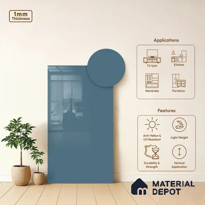 Morning Blue Solid Colors Look HG 913 8 ft x 4 ft High Gloss Finish Decorative Laminate - 1 mm | Suitable for Living Room, Kitchen, Office