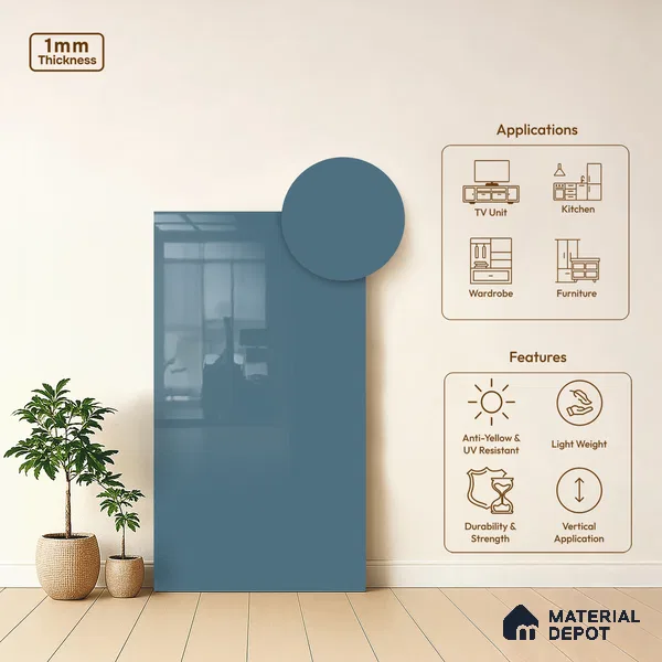 Morning Blue Solid Colors Look HG 913 8 ft x 4 ft High Gloss Finish Decorative Laminate - 1 mm | Suitable for Living Room, Kitchen, Office