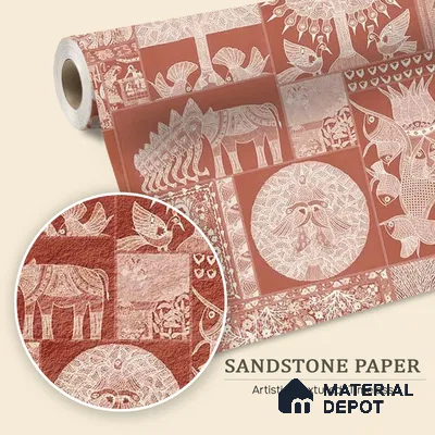 WP 03270 C | Geet Madhubani | Red Folk Animal Grid Traditional Look Wallpaper Sandstone (Customised Size)