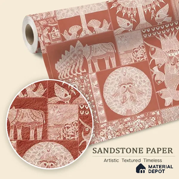WP 03270 C | Geet Madhubani | Red Folk Animal Grid Traditional Look Wallpaper Sandstone (Customised Size)