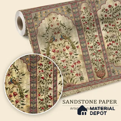 Madhuban Indian Floral Jharoka Sandstone Wallpaper in Suneherii Collection Golden (Customized Size Wallpaper)