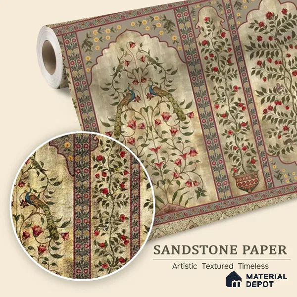 Madhuban Indian Floral Jharoka Sandstone Wallpaper in Suneherii Collection Golden (Customized Size Wallpaper)