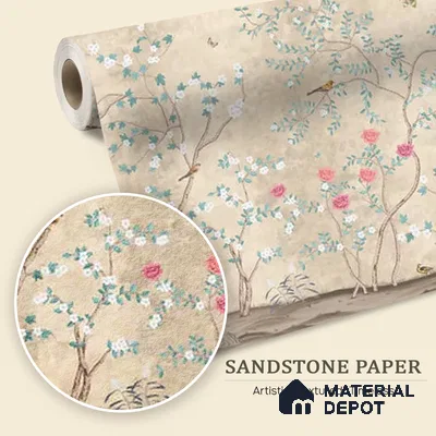 Sunset Serenade, Beige & Teal Chinoiserie Sandstone Wallpaper Design