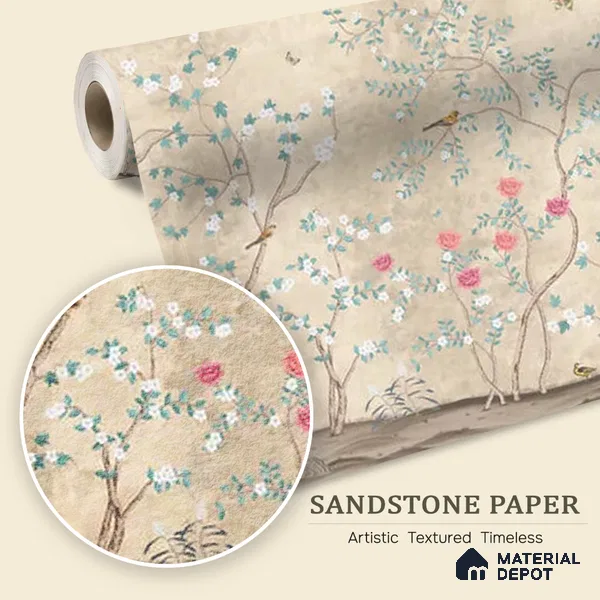 Sunset Serenade, Beige & Teal Chinoiserie Sandstone Wallpaper Design