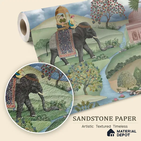WP 04255 C | Shaan | Multicolour Pastel Elephant Landscape Scenic Look Wallpaper Sandstone (Customised Size)