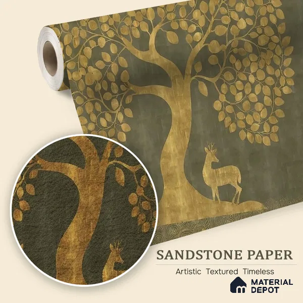 Tree of Life Sandstone Wallpaper in Style of Pichwai Art Form Customised for Rooms Green