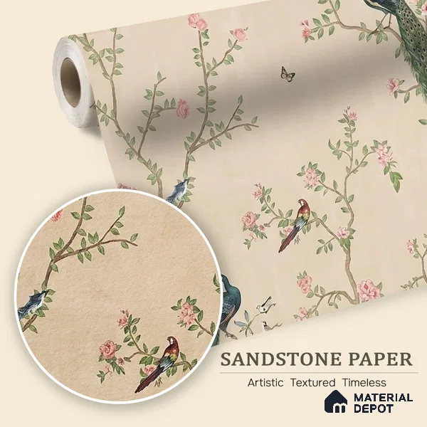 Bagiya, Peacock Chinoiserie in Indian Style, Clay Beige, Customised Sandstone Wallpaper