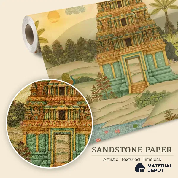 Gopuram Vatika Sandstone Wallpaper in South Indian Style, Customised