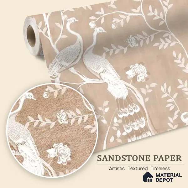 Morni, Peacock Chinoiserie Sandstone Wallpaper, Clay Beige Customised Wallpaper