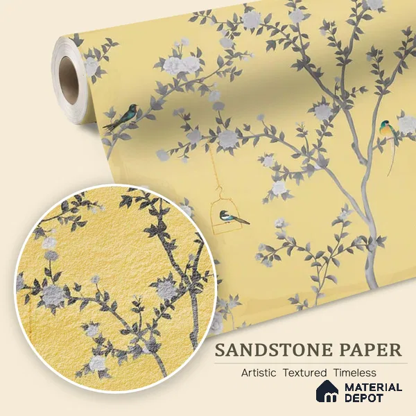 Aura in the Garden, Yellow Chinoiserie Sandstone Wallpaper
