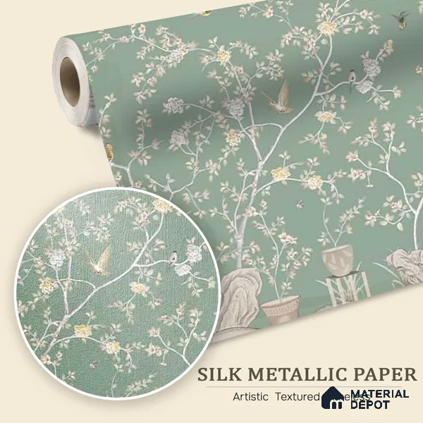 Verde Elegance, Silk Metallic Chinoiserie (Customised Wallpaper)