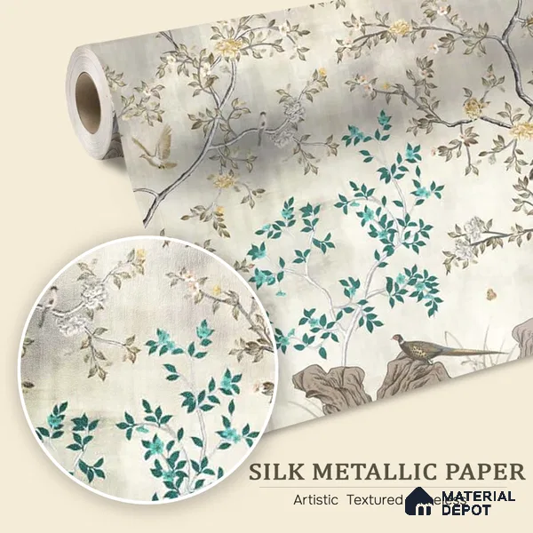 Grandeur in Silver Chinoiserie Silk Metallic Wallpaper for Wall, Customised