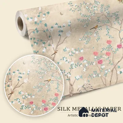 Sunset Serenade, Beige & Teal Chinoiserie Silk Metallic Wallpaper Design