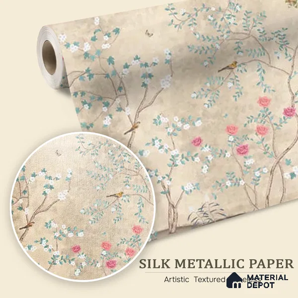 Sunset Serenade, Beige & Teal Chinoiserie Silk Metallic Wallpaper Design