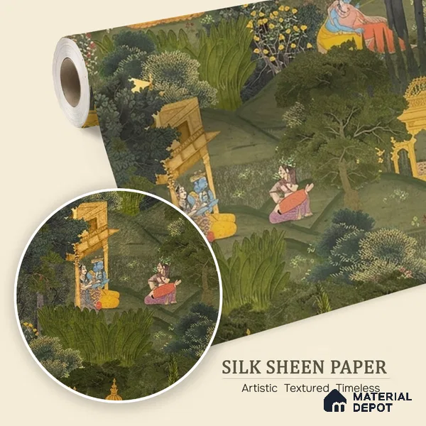 Kanhaiya: Radha and Krishna's Golden Embrace Silk Sheen (Super Luxury)