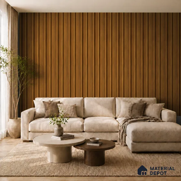 Oak Wood Ocre 10 ft x 0.89 ft (3060x270 mm) Wave Design Interior & Exterior Wall & Ceiling Panel - 16 mm | Suitable for Balcony, Facade & Open Area | Width is Subjected to 5% Variation