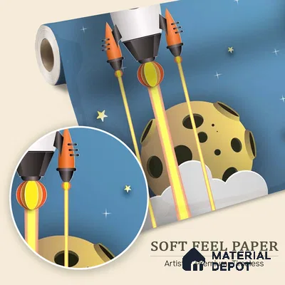 3D Space Theme Wallpaper with Solar System for Kids, Blue Sparkla N Shine Series Soft Feel Space Design (Customised Size Wallpaper)