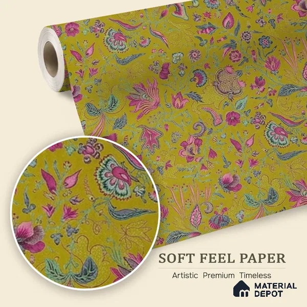 Bahaar A Symphony of Indian Flowers Greenish Yellow 10 Meter x 19.68 Inches Soft Feel Paper Type Wallpaper -54 Sq. Ft. | Minimum 15% wastage during installation