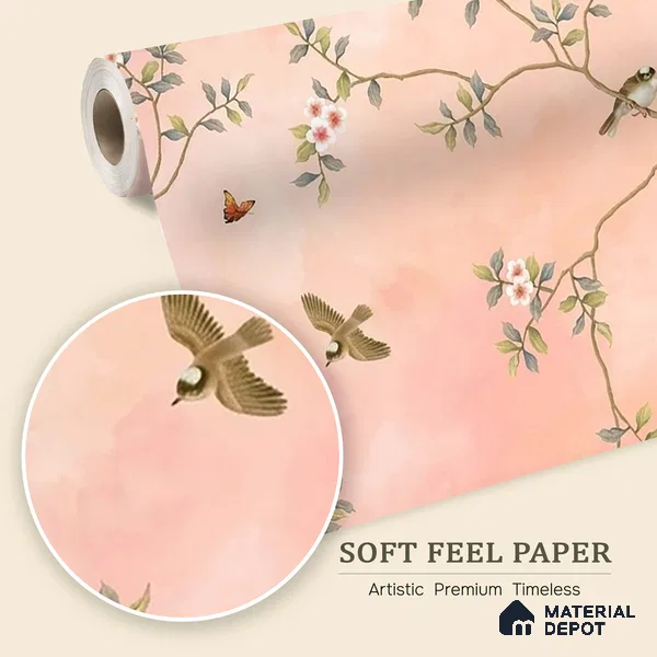 Blossom, Peach Chinoiserie Wallpaper, Customised Sukoon Series Soft Feel Chinoserie Design (Customised Size Wallpaper)