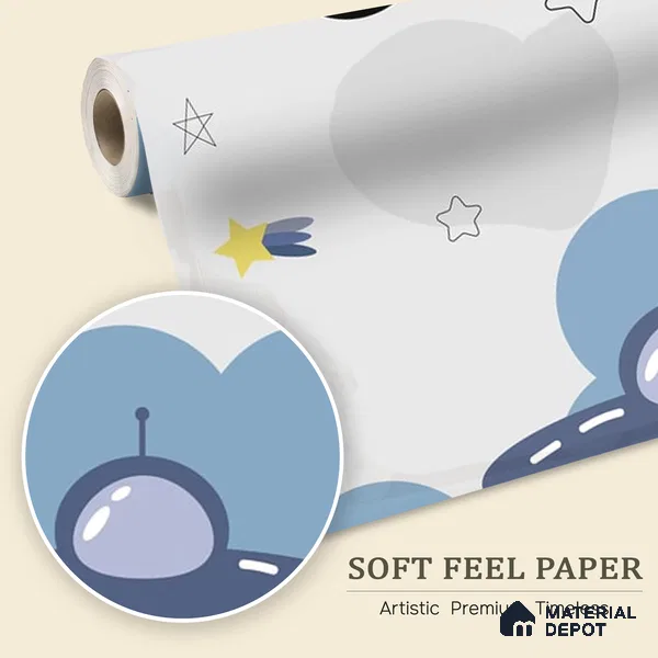 Blue and Grey Space Theme Children Wallpaper, Customized Sparkla N Shine Series Soft Feel Space Design (Customised Size Wallpaper)