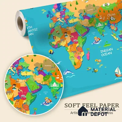 Blue Colourful World Map for Kids Room Walls Sparkla N Shine Series Soft Feel Map Design (Customised Size Wallpaper)