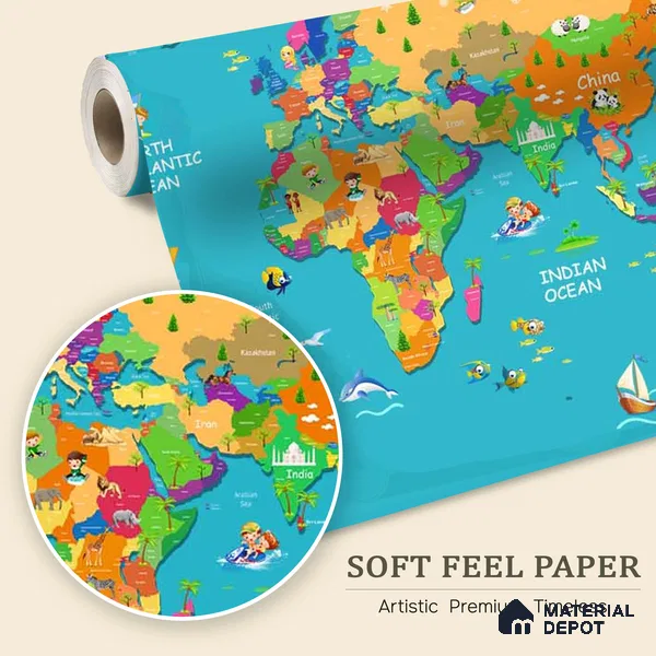 Blue Colourful World Map for Kids Room Walls Sparkla N Shine Series Soft Feel Map Design (Customised Size Wallpaper)