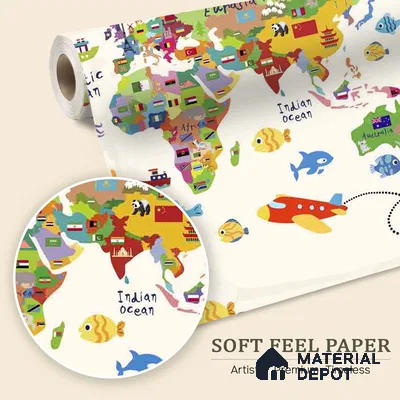 Cute World Map for Kids Room, Young Kids Bedroom Wallpapers Sparkla N Shine Series Soft Feel Map Design (Customised Size Wallpaper)