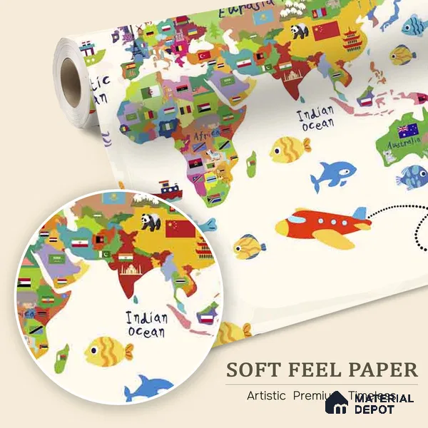Cute World Map for Kids Room, Young Kids Bedroom Wallpapers Sparkla N Shine Series Soft Feel Map Design (Customised Size Wallpaper)