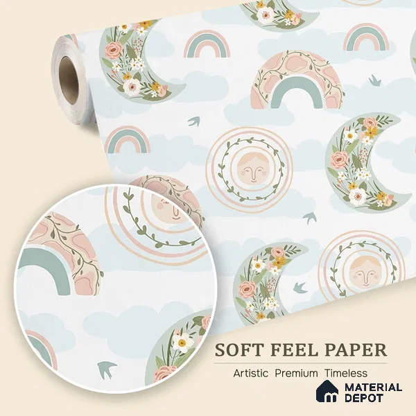 Floral Rainbows and Moon Baby Wallpaper 10 Meter x 19.68 Inches Soft Feel Paper Type Wallpaper -54 Sq. Ft. | Minimum 15% wastage during installation