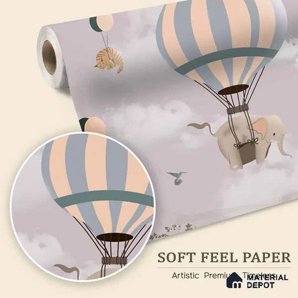 Flying Animals on Hot Air Balloons Wallpaper Design for Kids, Customised Sparkla N Shine Series Soft Feel Entertainment Design (Customised Size Wallpaper)
